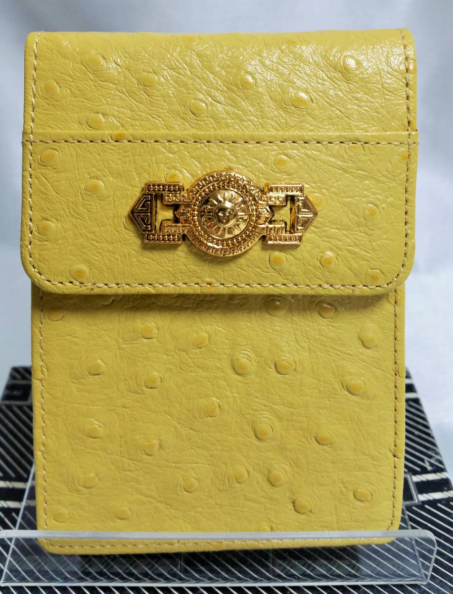 ⑧新品 未使用品 太陽神 ヴェルサーチ VERSACE オーストリッチ 型押し レザー シガレットケース タバコケース ポーチ イエロー メデューサ 