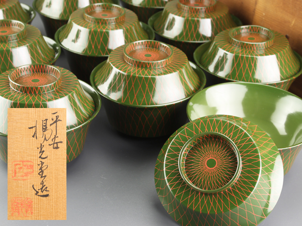 流】平安楊光堂造 網目模様吸物椀十客 共箱 BZ023 漆器 |