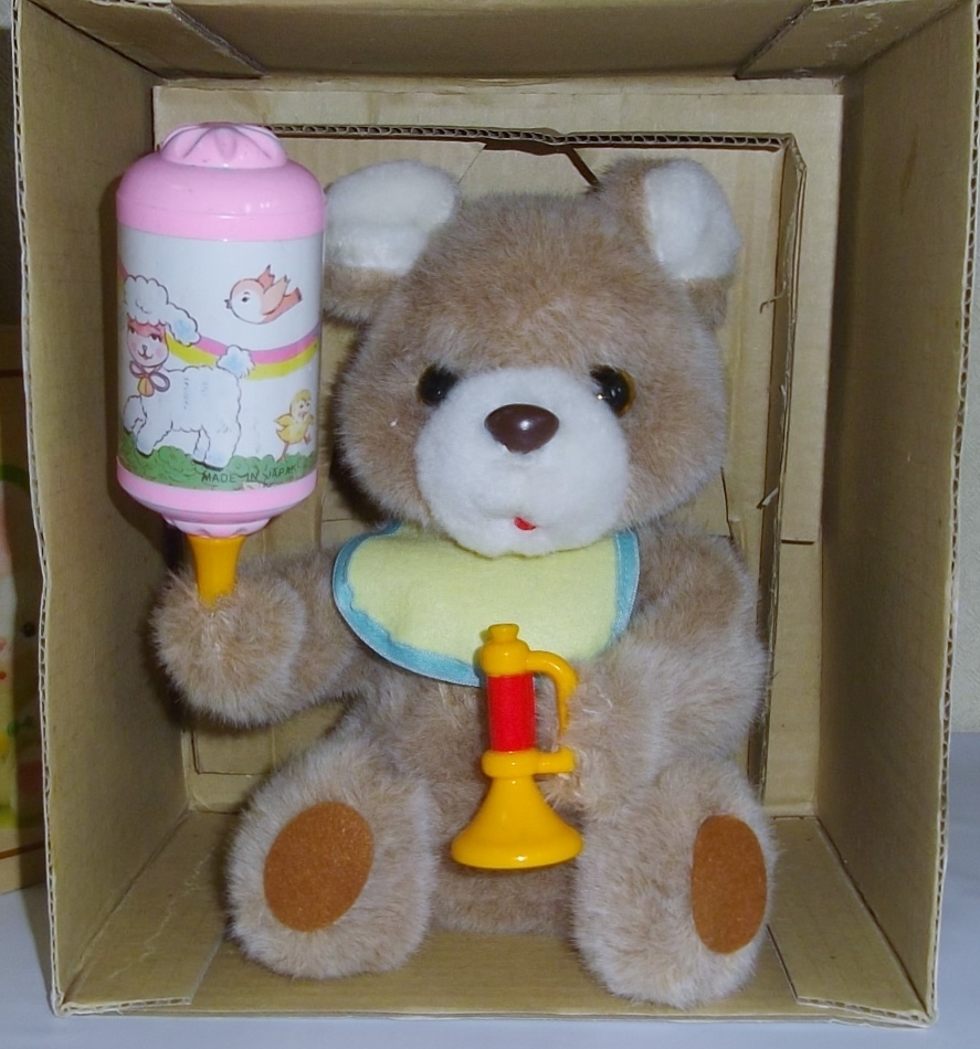 ◆アルプス商事 　動作品　くまさん人形◆レトロ 　日本製　玩具 　ガラガラ　ラッパ　電動　昭和おもちゃ　 ビンテージ_1