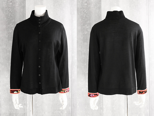 ☆良品☆ LEONARD レオナール ◆ 花柄トリム カーディガン ハイネック 黒 LL ニット ウール×シルク 長袖 春夏 (No83)◆B-1