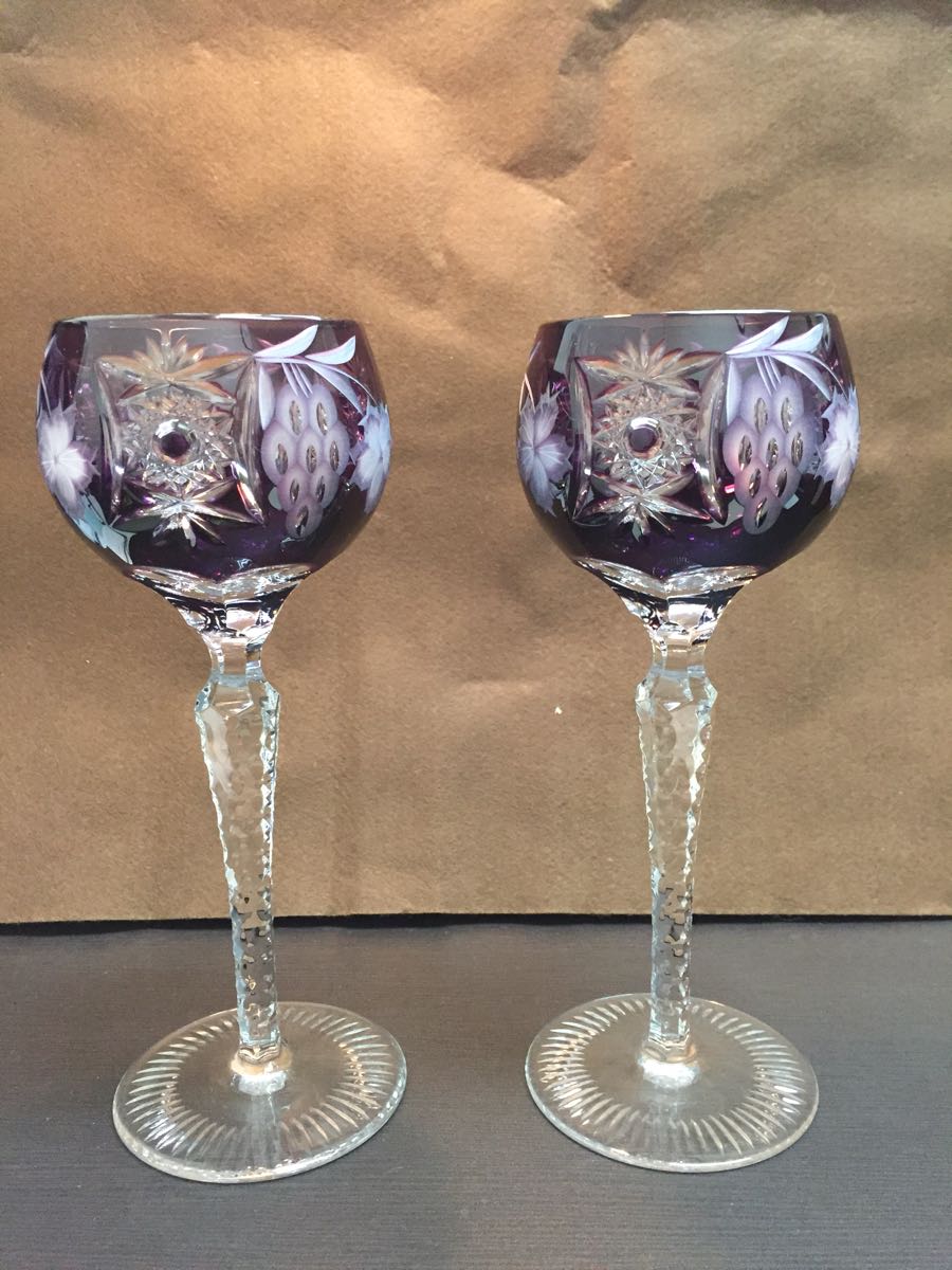 旧東独製 カメイガラス 被せ切子 クリスタルドナウ ワインペアグラス