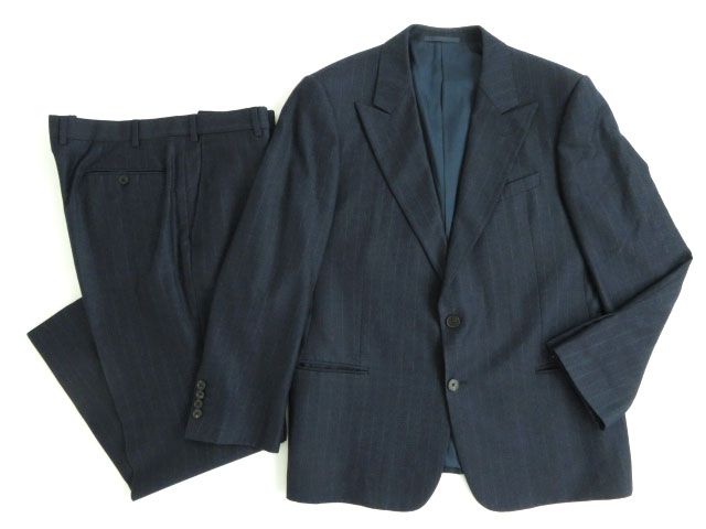 良品○アルマーニ シルク混 ストライプ柄 シングルスーツ ネイビー 54