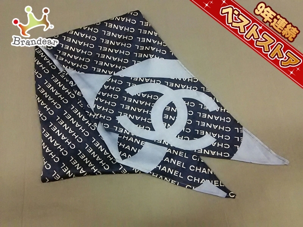 シャネル CHANEL スカーフ シルク ネイビー×ライトブルー×白 美品
