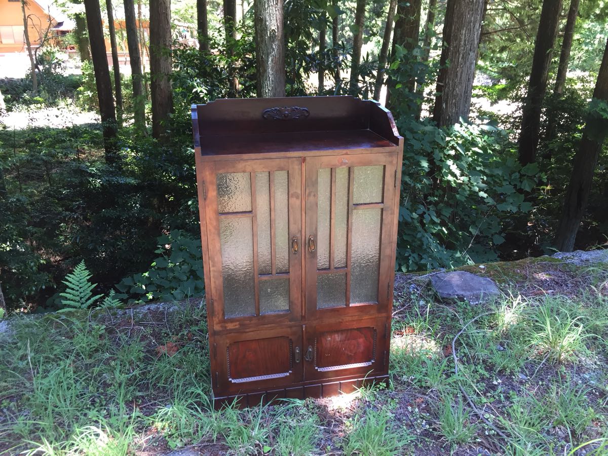 □レトロ□古い木小ぶりな鬼ダイヤガラス戸の本棚 収納 □レトロ□古い