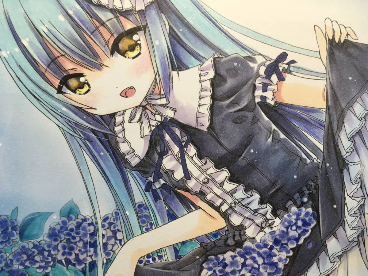 ◆手描きイラスト オリジナル 紫陽花の少女 色紙イラスト