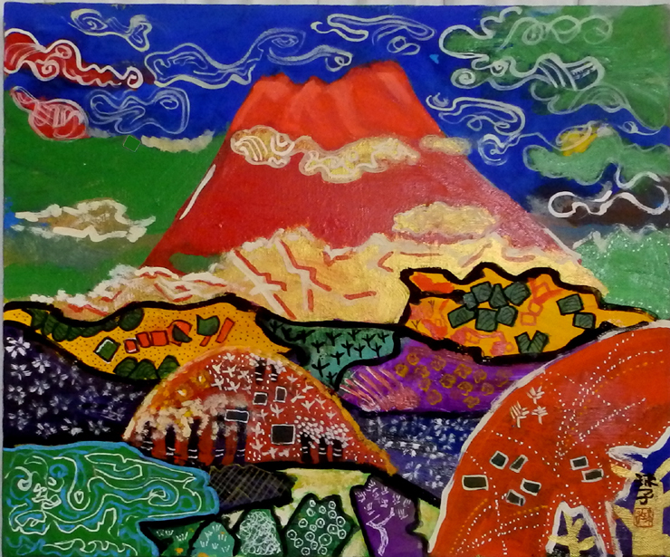 F10号片岡球子赤富士肉筆保証⁄表裏サイン・印譜⁄岩彩