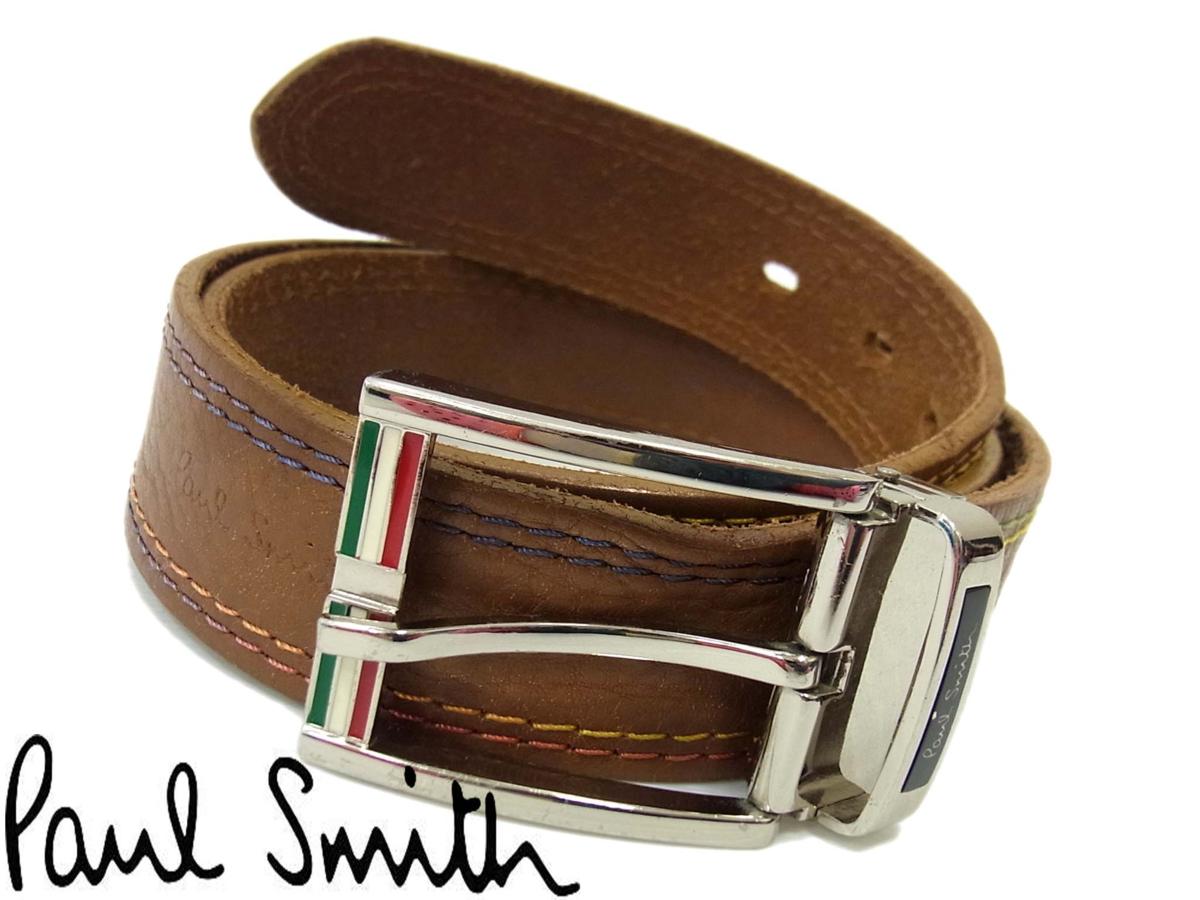 Paul Smith レザーベルト カラーステッチ 箱付き ▽ポールスミス 本革 ロゴ入 マルチカラーステッチ レザーベルト Paul