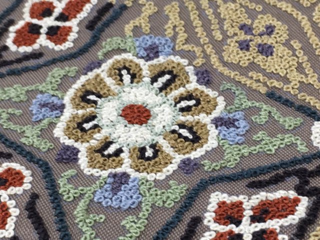 スピ買■ 着物 1円 名品 袋帯 濃小豆色 華文 七宝 相良刺繍 お太鼓柄 正絹 ☆☆☆☆