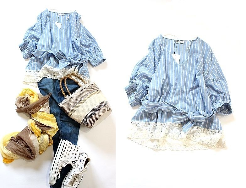 新品 ザラ ZARA 清涼リネン混 ウエストリボン裾レース ストライプブラウス♪