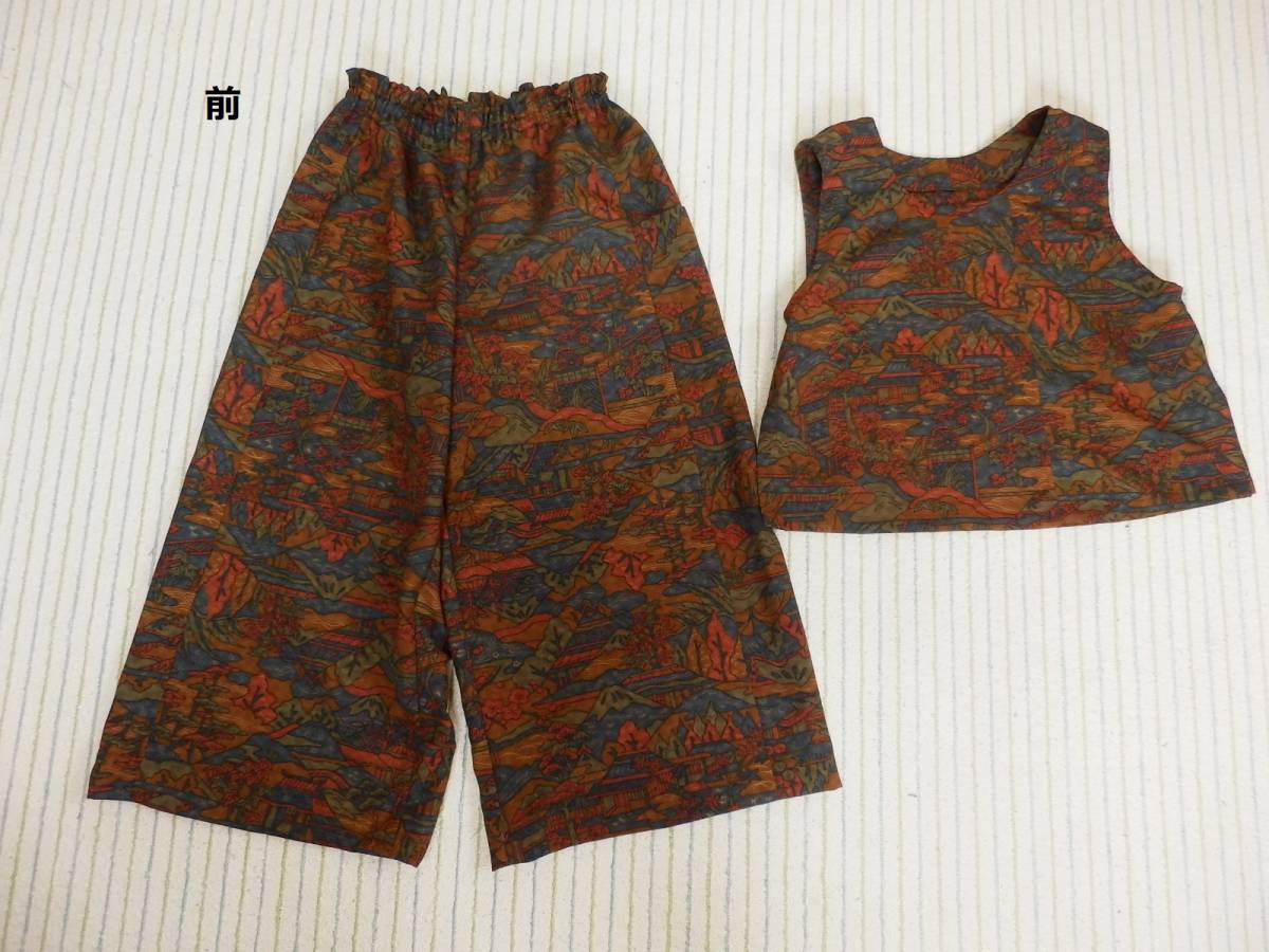 新品，お買い得 着物リメイク アンサンブル パンツ ノースリーブブラウス 反物使用 茶系 化繊 ウエストゴム 着回しの利く１着(女性和服、着物)｜売買されたオークション情報、yahooの商品情報をアーカイブ その他