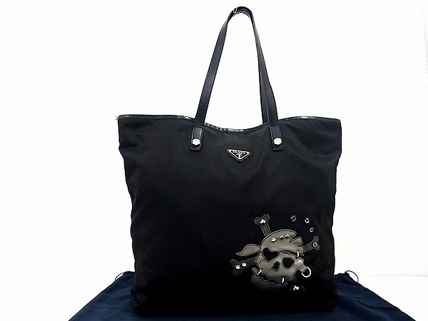 1円 □極美品□ PRADA プラダ ロゴ スカル ナイロン×レザー トートバッグ
