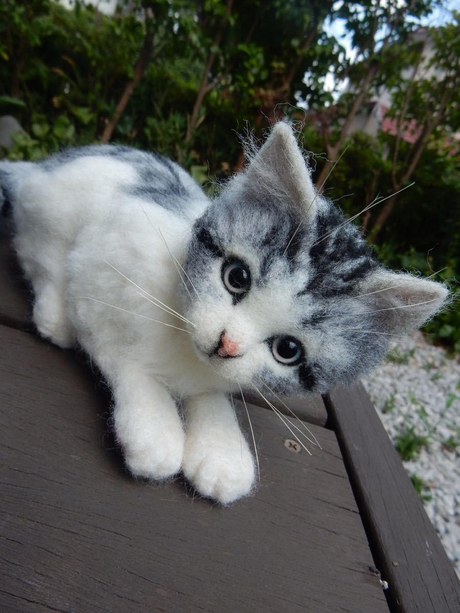 sei 羊毛フェルト 猫 ねこ サバ白子猫 ハンドメイド(羊毛フェルト 