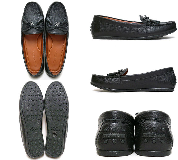 ◎未使用品 COACH コーチ レザー タッセル付き ドライビングシューズ 23.5cm ブラック 黒 リボン ロゴチャーム FG2020 冊子・箱付き ON2256
