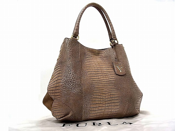 1円 □美品□ FURLA フルラ クロコ型押し レザー ハンドバッグ トート 