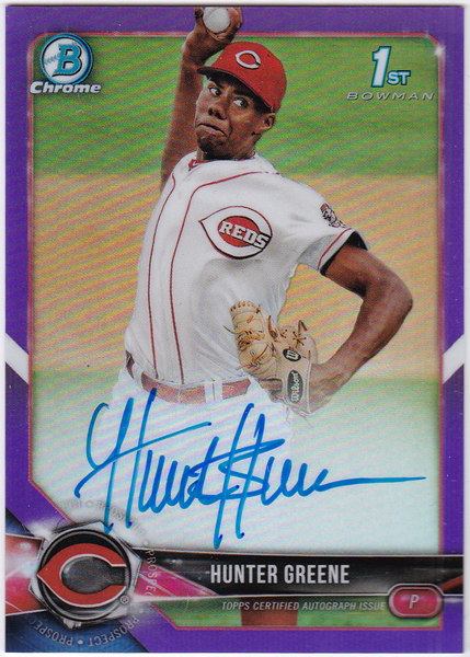 Hunter Greene 2018 Bowman Chrome Prospect Auto Purple Refractor 