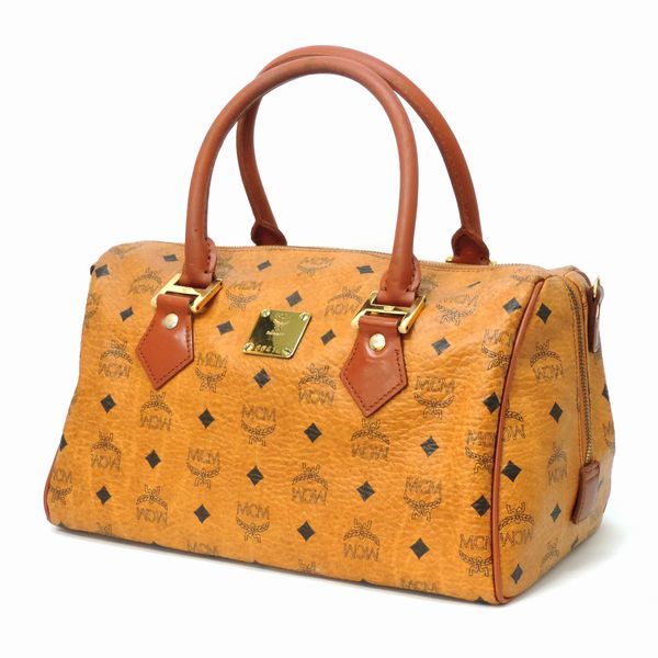 MCM エムシーエム ロゴ総柄 PVC×レザー ミニボストンバッグ MCM