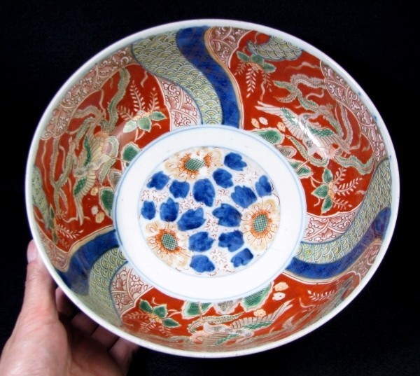 古伊万里 染錦 鳳凰・捻り文大鉢 径：25cm 幕末～明治頃/18i77 古