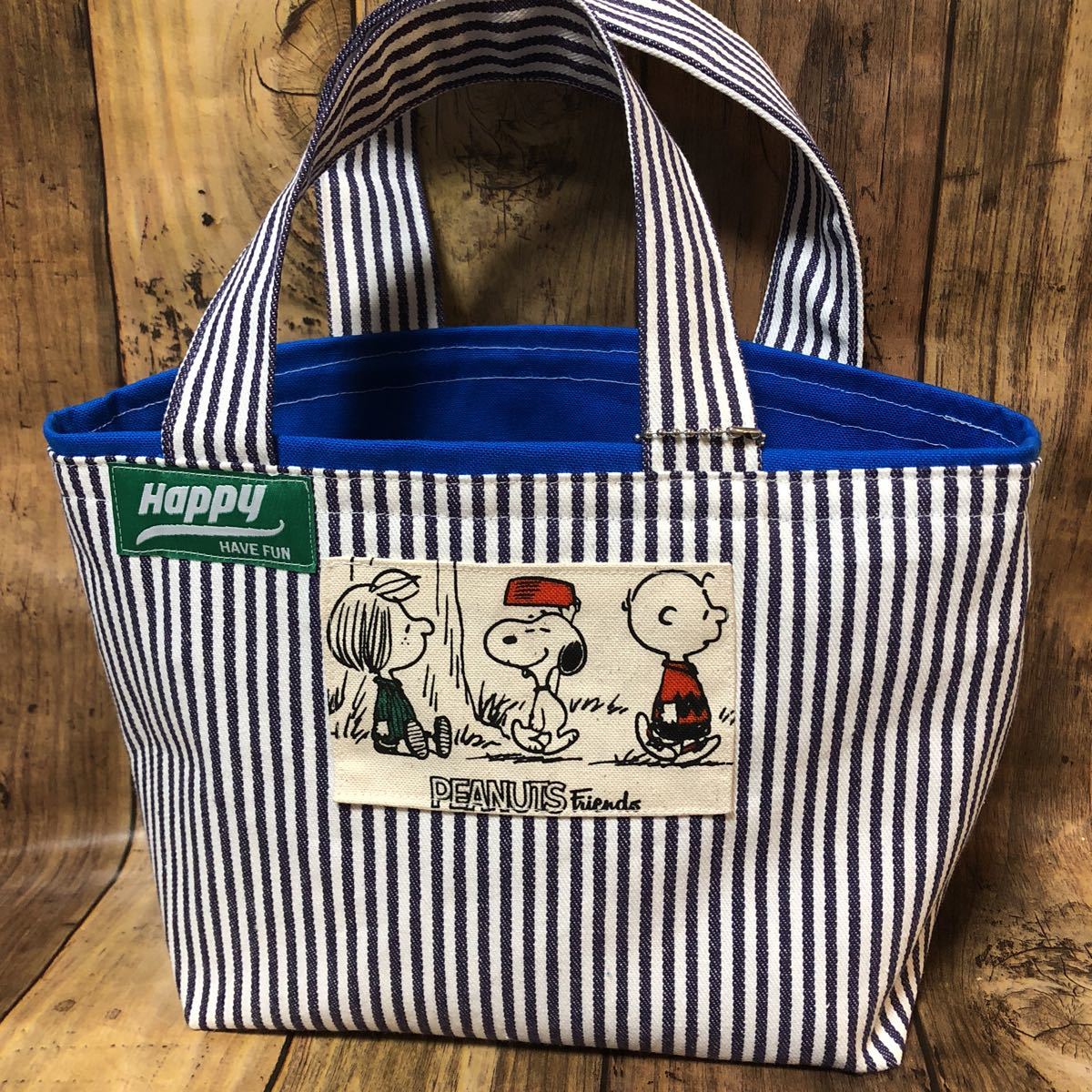 ハンドメイド ヒッコリーとスヌーピーのミニトートバッグ ミニポーチ 
