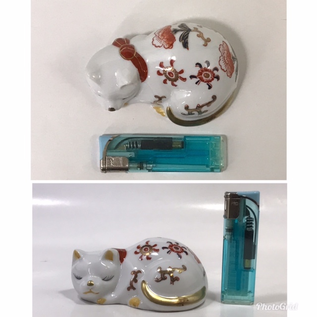 伊万里 眠り猫 花紋 貿易模様 9.8cm 猫置物 /検索 縁起物 猫 焼き物