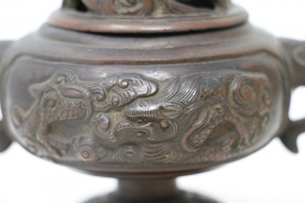 瑞峰作 古銅 香爐 三足 獅子摘 共箱付き 他、七草模様金色香炉/鋳銅