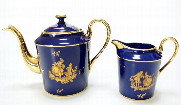 フランス製 リモージュ ポット＆クリーマー Limoges 瑠璃色 金彩