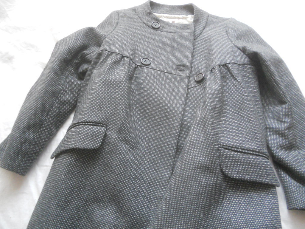 ボンポワン*XS＊クルーネックチェックウールコート*グラックグレー系