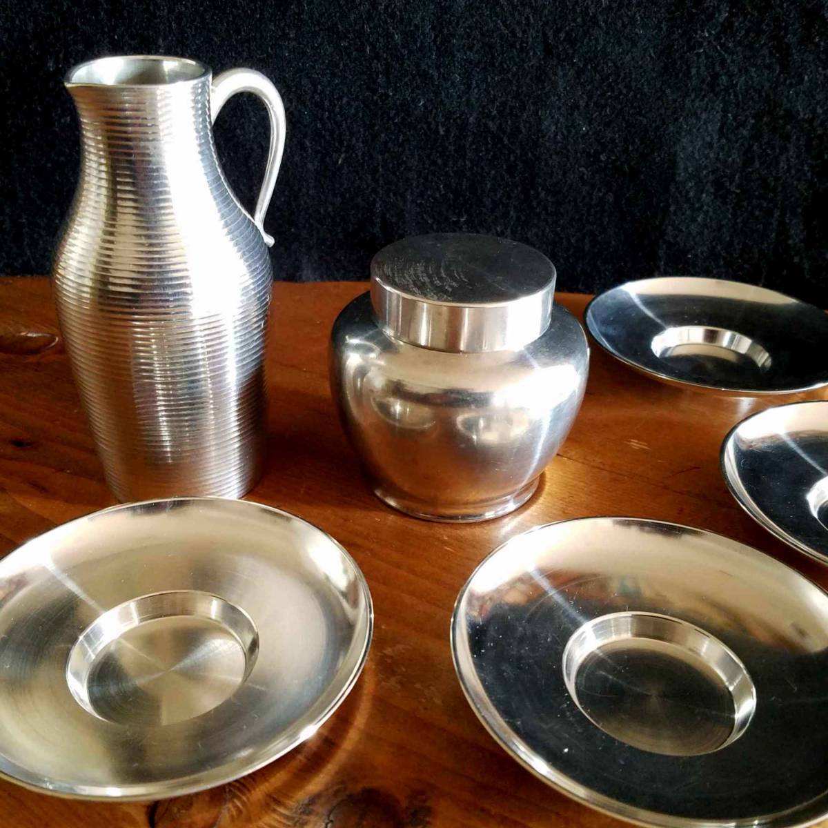 ◇ 本錫製 茶器・酒器 6点まとめて ☆乾茂號造 茶托4客 ☆茶壷 錫半