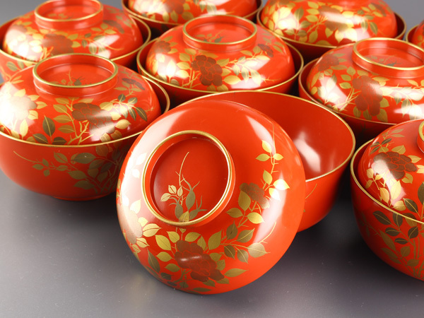 流茶懐石道具 朱塗花鳥図替わり蒔絵煮物椀四客 JG237 【琴