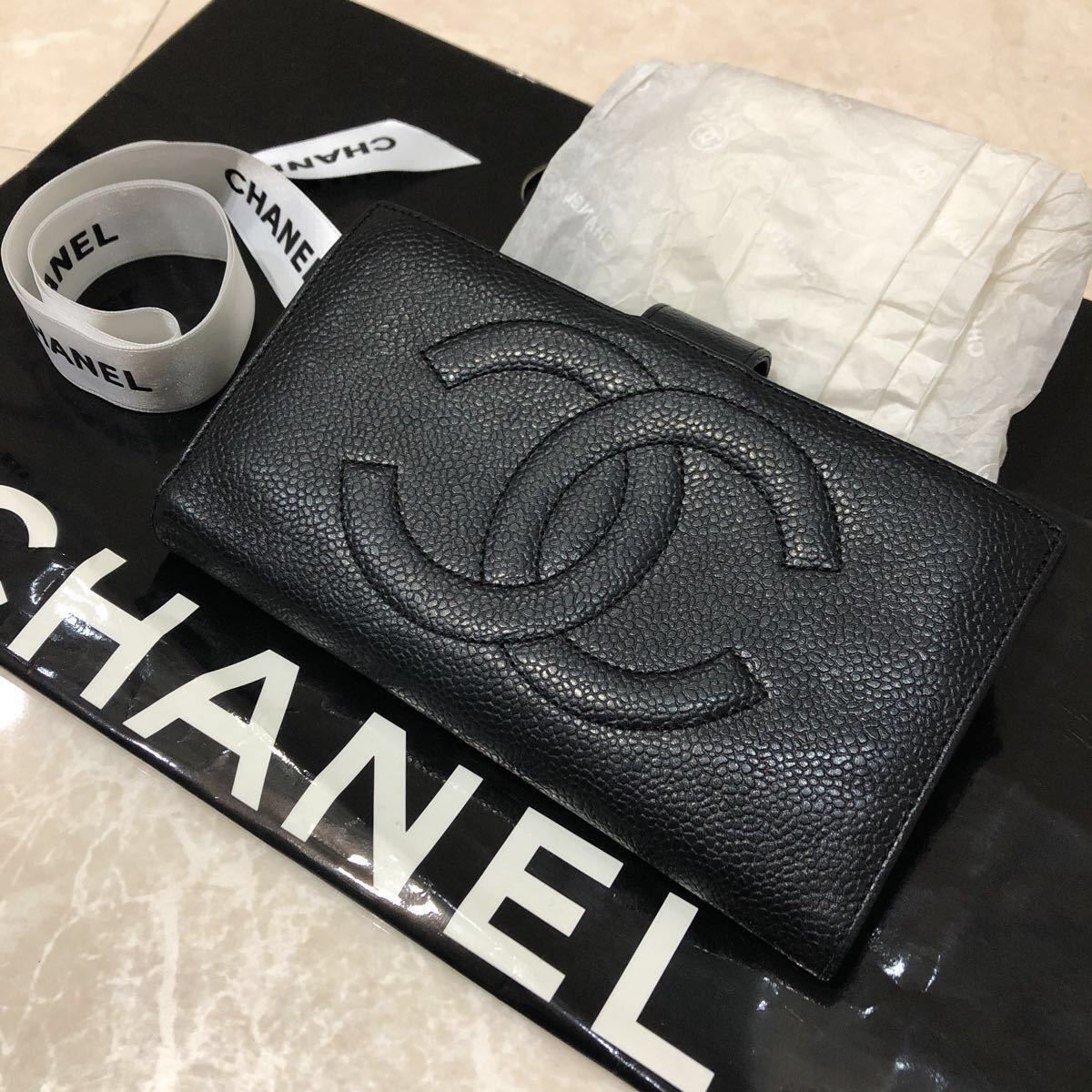 シャネル CHANEL 二つ折りガマ口長財布 キャビアスキン ブラック ココ