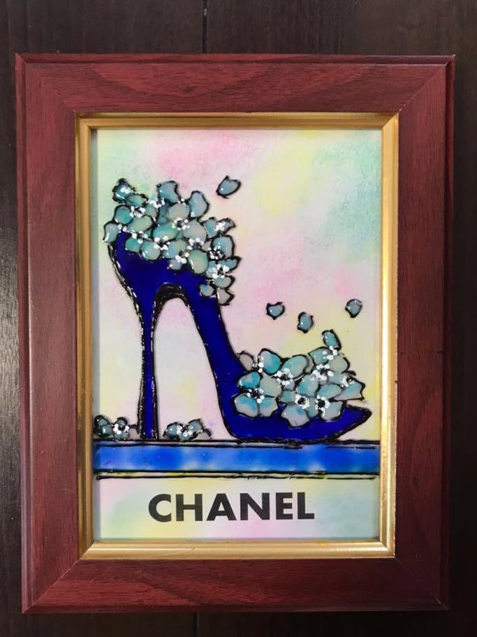 シャネルCHANEL 絵画 ポスター ガラス絵 額縁 ハイヒール 香水 青