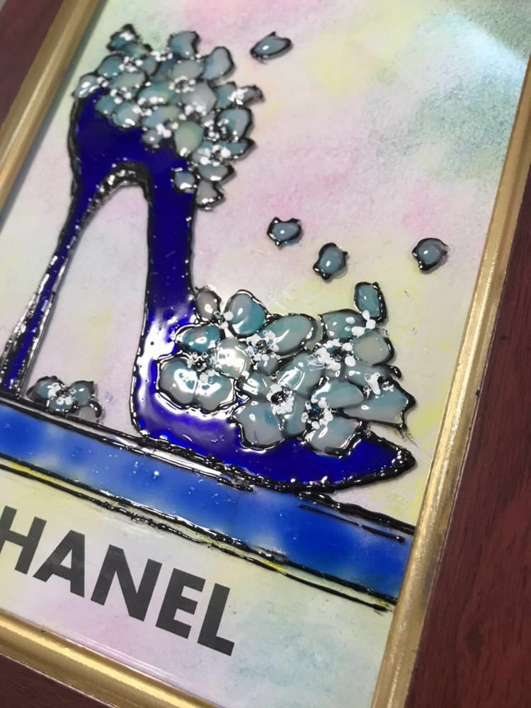 シャネルCHANEL 絵画 ポスター ガラス絵 額縁 ハイヒール 香水 青
