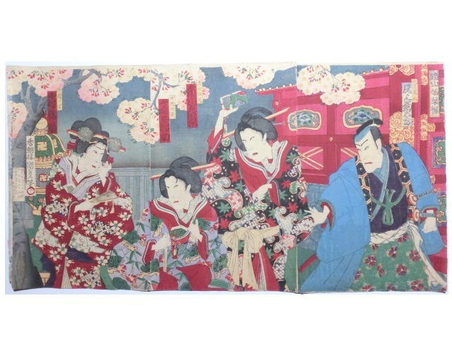 3枚続|浮世絵 明治2年 「新島原晩華楼遊女揃」歌川国貞 錦絵 木版画 香
