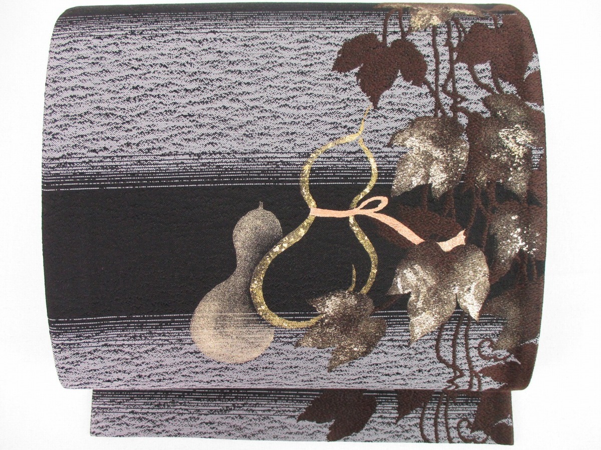 着物ふぁんた○【高橋峰陵】伝統工芸士　日本画家　落款　唐織　植物　瓢箪　三日月　満月　金通し　墨色　美品　極上の逸品　袋帯　 m4543