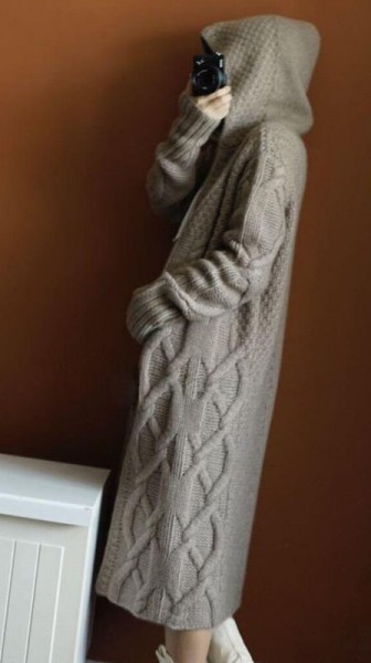 新品☆高品質贅沢カシミヤ90％★ふわもち暖かケーブル編みフード付きロングコーディガン♪モカX