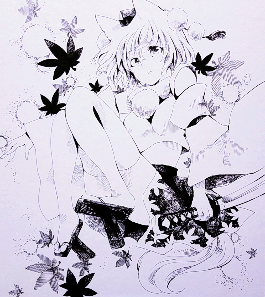 同人手描き東方イラスト 「犬走椛」色紙 モノクロ (手描きイラスト