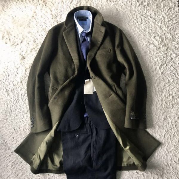 140's ウール ⁄ 新品 最高級カシミヤ×メルトンウール モックネックニット 新品&amp;貴重　サイズXLサイズ新品 エディフィスの 英国調  最高級カシミヤ×ウール モッサ素材 スタイリッシュ チェスターコート
