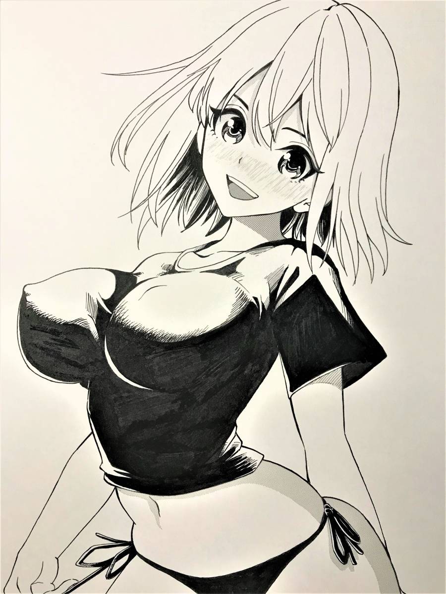 手描き オリジナル イラスト 「黒シャツの女の子」 A4(手描きイラスト