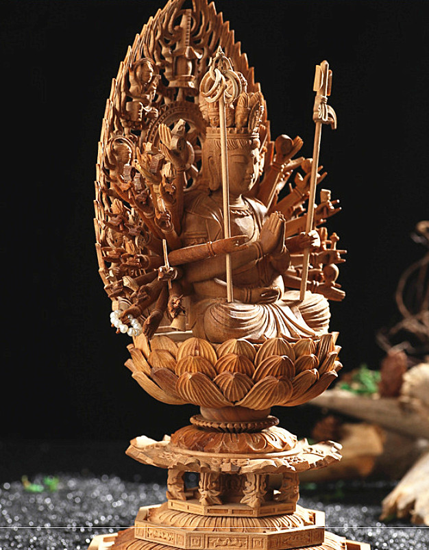 極品 檀香木 千手観音仏像 木彫り 手作り 実木 彫刻 工芸品 金招き
