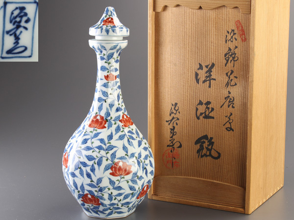 流】館林源右衛門 染錦花唐草 洋酒瓶 共箱 CI344