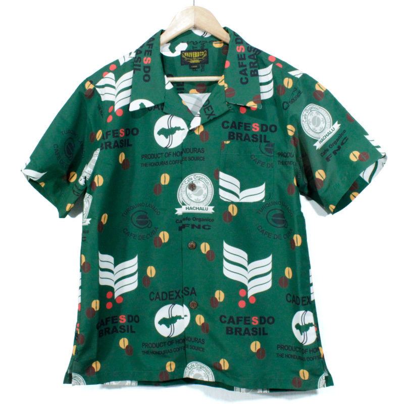 新品 UNIVERD72 ユニバード72 アロハシャツ ポリシャツ オープンカラー 柄シャツ コーヒー柄 coffee グリーン 緑 M