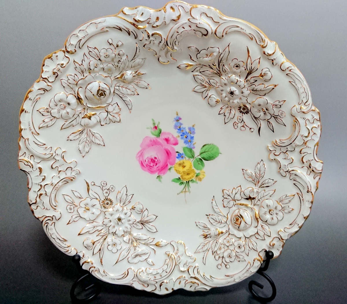 マイセン Meissen 金彩フラワー プレート ピンクローズ 飾り皿♪美品