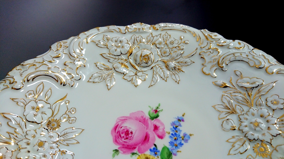 マイセン Meissen 金彩フラワー プレート ピンクローズ 飾り皿♪美品