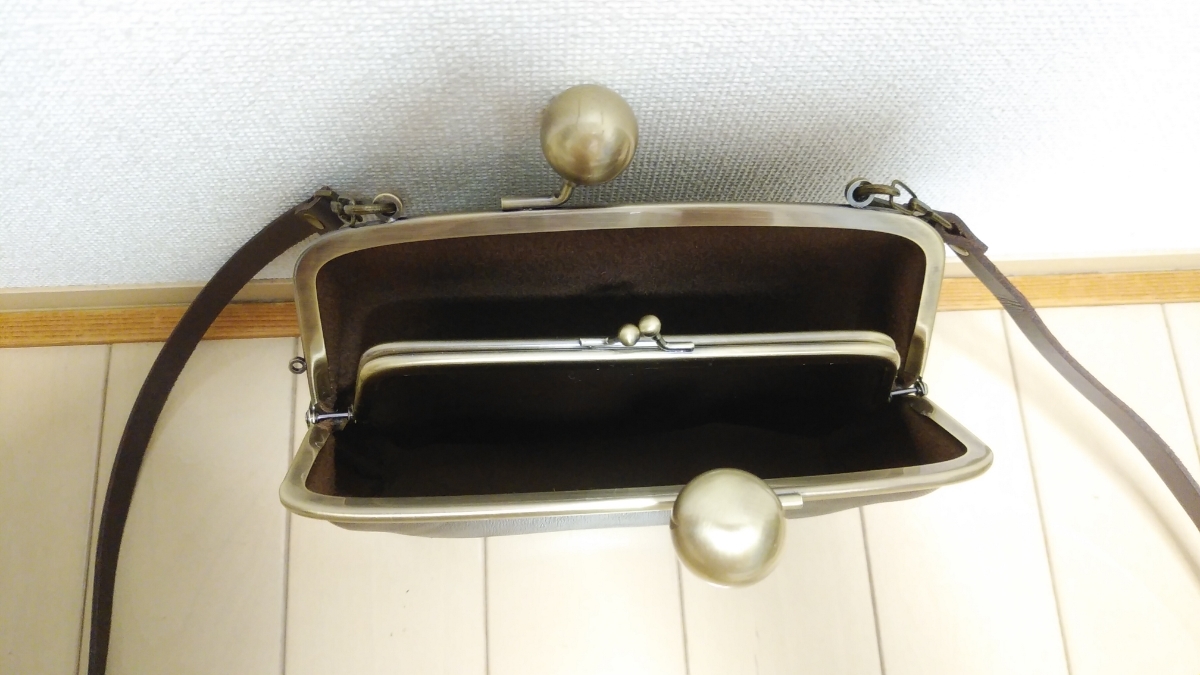 ☆ハンドメイド☆焦げ茶色本革☆親子大玉がま口ショルダーバッグ☆長財布☆レザー☆