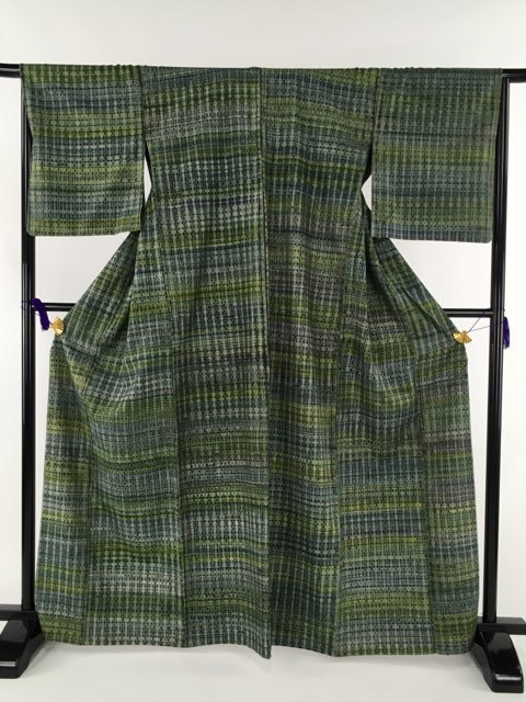 バイセル 着物 名品 小紋 緑 紬地 格子柄 ぼかし 夏 正絹 単衣（6月/9月） 165.5cm Mサイズ ☆☆☆☆