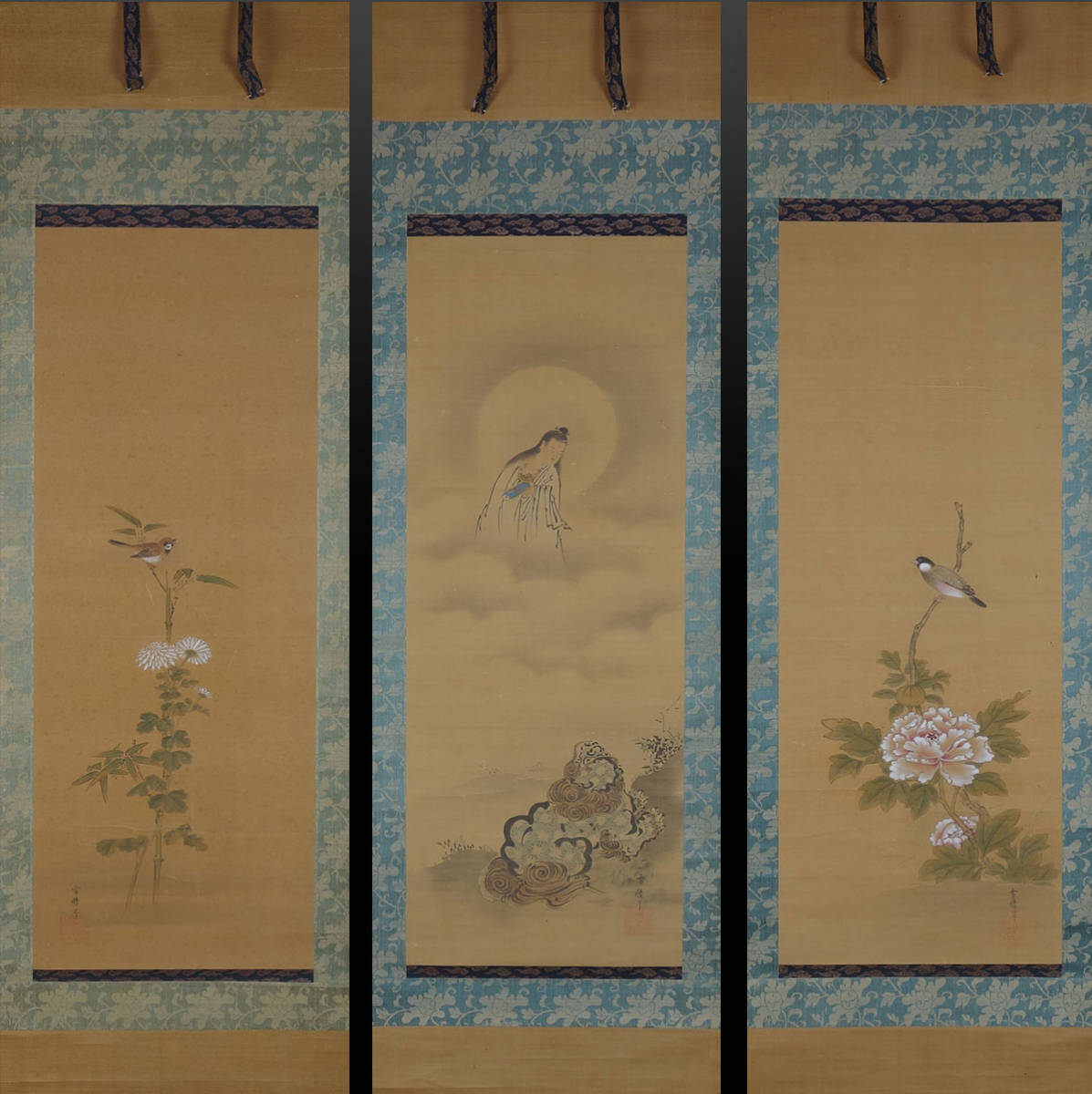模写】蔵壷◇『長谷川雪艚 文殊菩薩 花鳥画』三幅対 古筆 古文書 古書