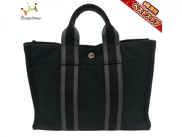 エルメス HERMES トートバッグ フールトゥトートPM コットン 黒×グレー
