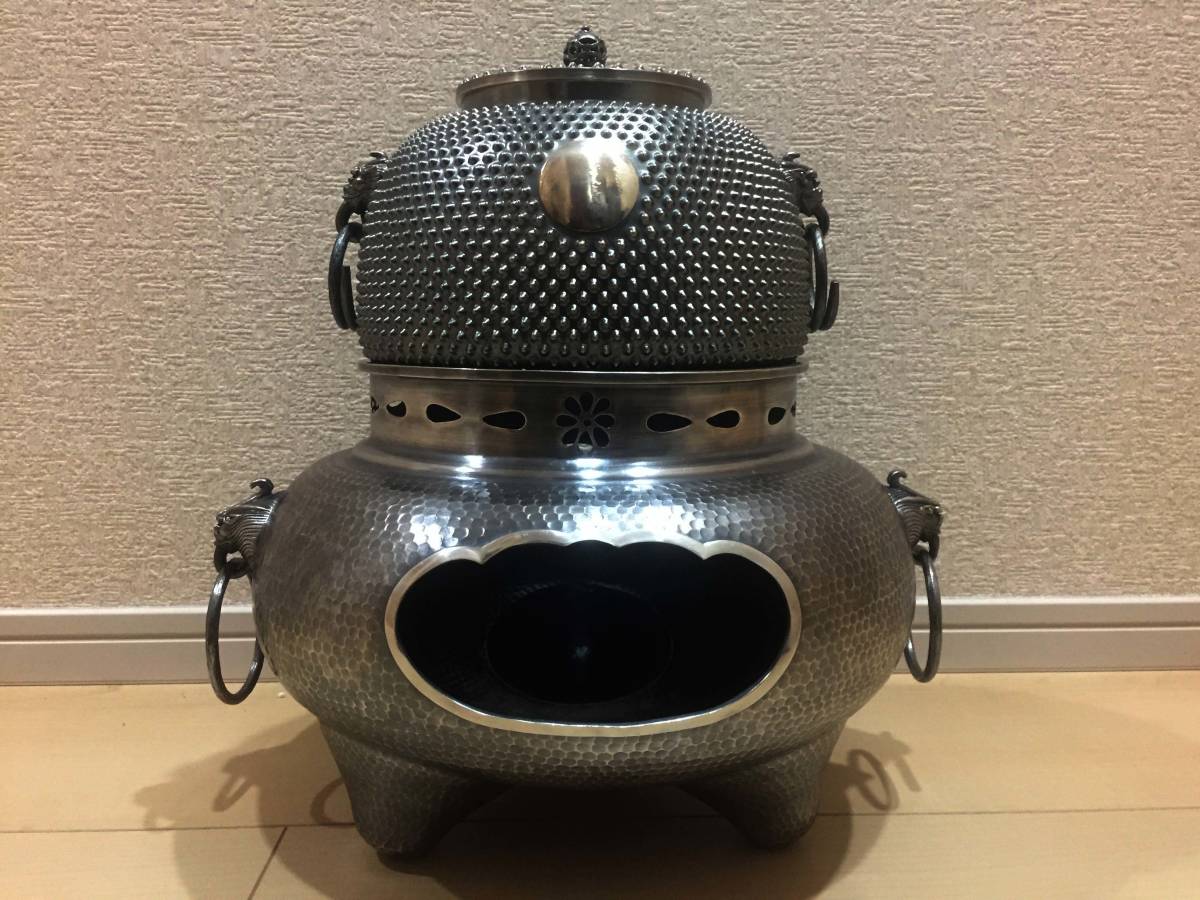 純銀製 光南 鬼面風炉 釜湯沸 国宝 煎茶道具 銀瓶/刻印有3817g 【公式