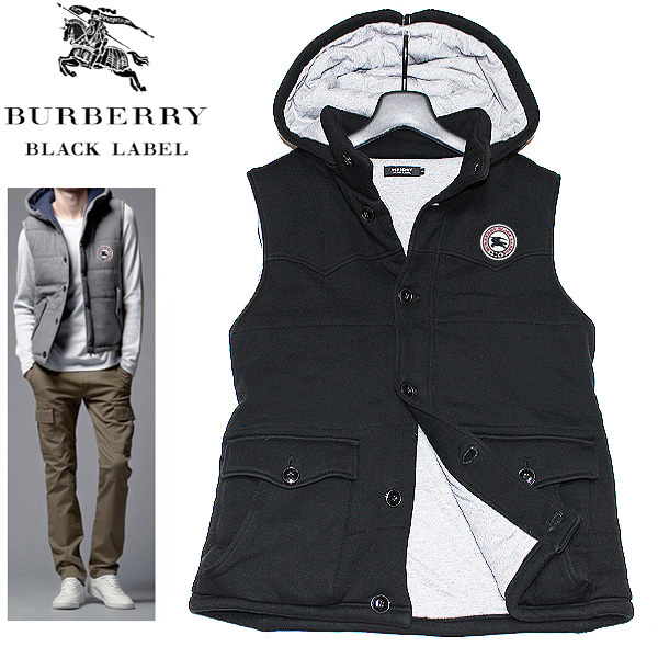 BURBERRY ブラック ダウンベスト フード付き クリーニング済/良品 3(L)☆バーバリーブラックレーベル ホース