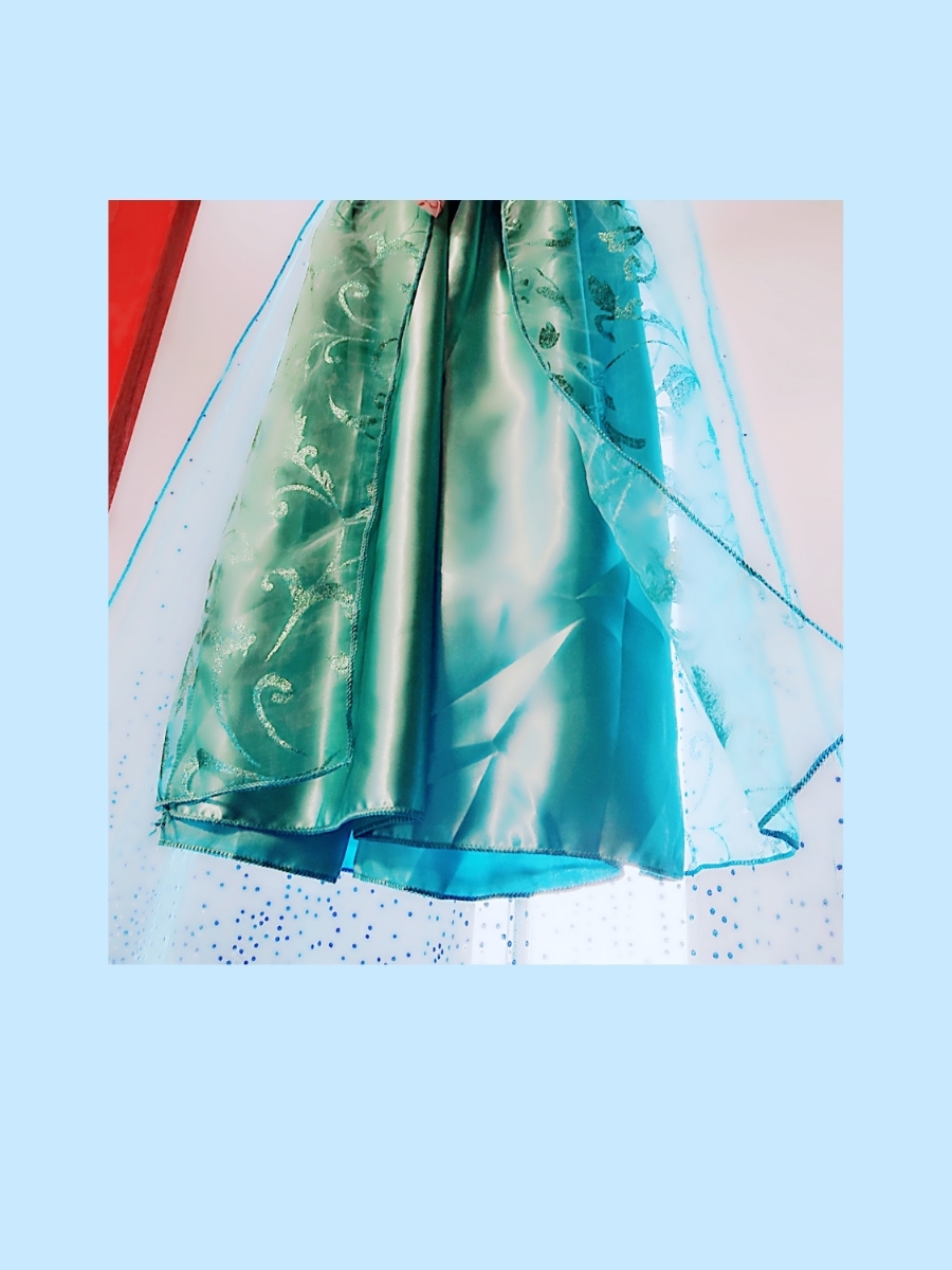 アナと雪の女王 エルサ☆光沢エメラルド ショール＆チュチュ ロングドレス★お姫様ドレス♪演劇 お遊戯 個人撮影 インスタ 女の子ドレス_3