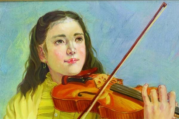 島根清 「バイオリンと少女」 油彩画 額サイズ約60×68cm　収納箱あり ☆島根 清 バイオリンと少女 絵画 油彩画 額縁付【10562815】 ホビー
